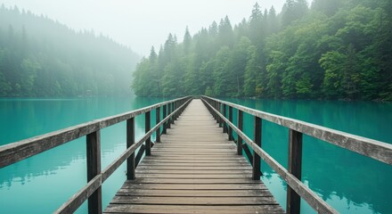 Fototapeta premium Wooden path over turquoise lake surrounded by forest on a cloudy day