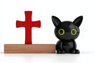 Black Cat Figurine and Red Cross on White Background