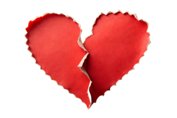 A torn and broken red paper heart is isolated on a transparent background symbolizing heartbreak and emotional pain