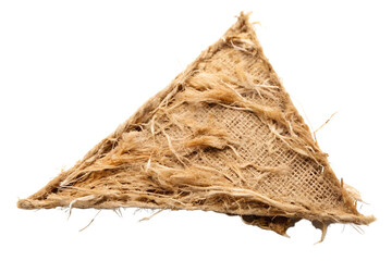 A triangular piece of rough burlap fabric with a frayed texture is isolated on white isolated on transparent
