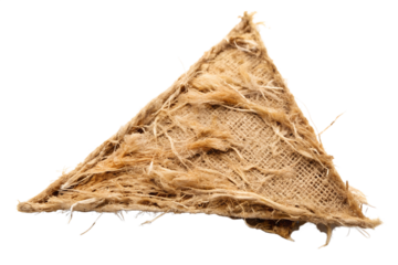 A triangular piece of rough burlap fabric with a frayed texture is isolated on white isolated on transparent