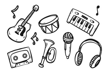 Music Harmony Illustration: A collection of diverse musical instruments and musical note, each rendered in a beautiful illustration.