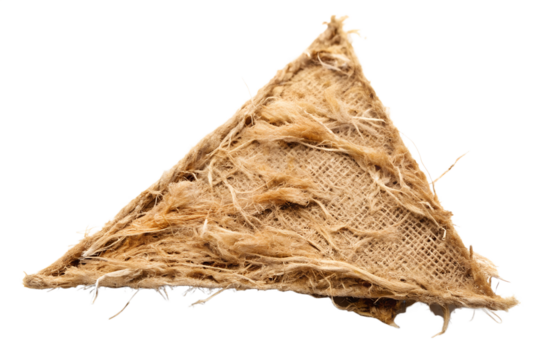 A triangular piece of rough burlap fabric with a frayed texture is isolated on white isolated on transparent