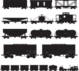 Diverse train cars and engine silhouettes railcar freight car