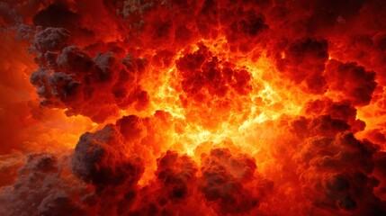 A massive explosion radiates vibrant flames and thick smoke, transforming the sky into a spectacle of orange and red hues, creating an intense and awe-inspiring atmosphere.