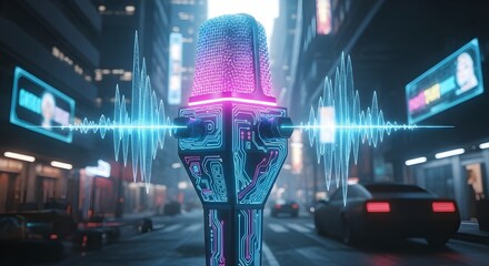 Futuristic Microphone with Glowing Neon Lights and Digital Sound Waves