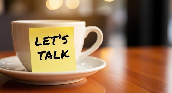Cup over saucer holding sticky note reading let's talk on wooden table