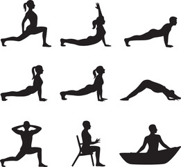 Diverse yoga poses and stretching figures fitness exercise