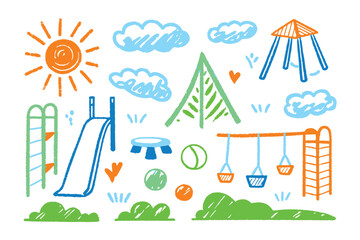 Playground Drawing: A whimsical, hand-drawn illustration captures the essence of a playground with vibrant colors and playful designs. Perfect for conveying childhood joy, imagination.