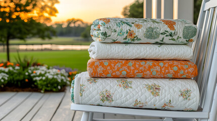 Four folded quilts stacked on a white rocking chair on a porch.
