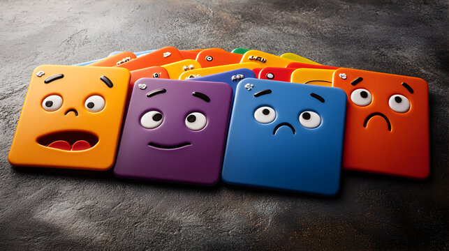 Four colorful square blocks with cartoon faces expressing different emotions on a gray surface.
