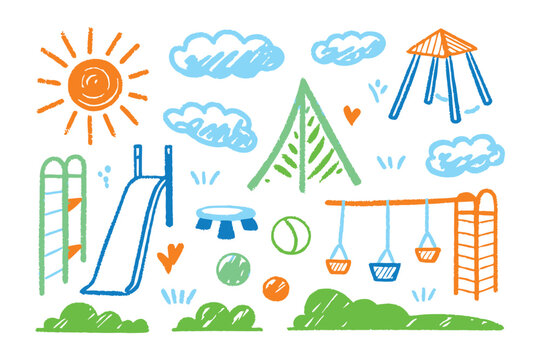 Playground Drawing: A whimsical, hand-drawn illustration captures the essence of a playground with vibrant colors and playful designs. Perfect for conveying childhood joy, imagination.