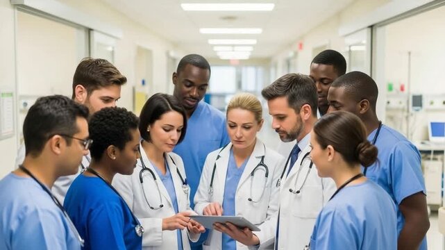 Diverse Medical Team Collaborating in Hospital Corridor with Digital Tablet