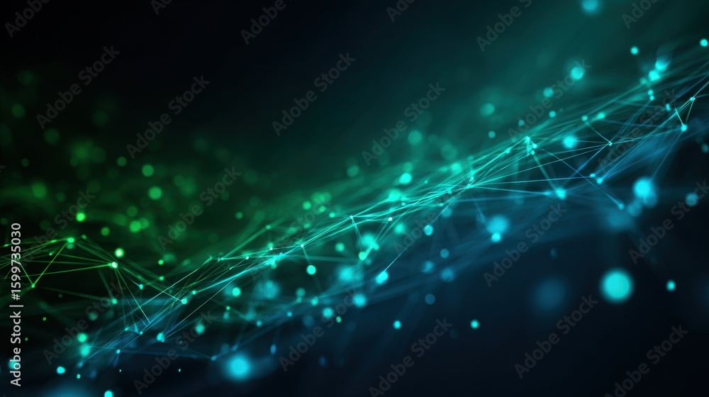 Poster glowing lines and particles create an abstract digital design with a combination of green and blue c
