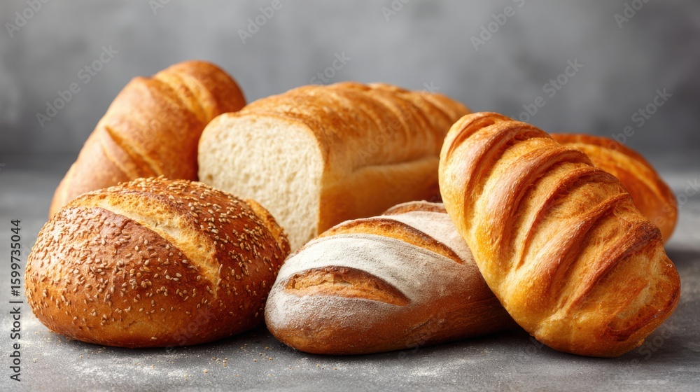 Poster an assortment of freshly baked artisanal bread is displayed on a gray background. the breads include