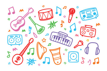 Melody of Instruments: A colorful illustration showcases a vibrant medley of musical instruments, set against a playful backdrop of musical notes and expressive symbols