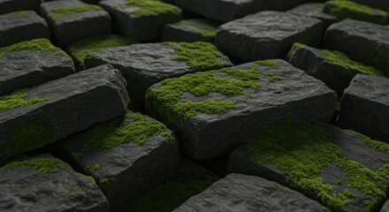 Close view of gray stones covered by green moss in a stacked pattern