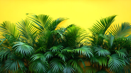 Green palm fronds against a yellow wall.