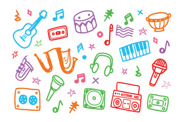 Musical Instruments Collection: A vibrant, hand-drawn collection of various musical instruments and audio accessories come alive with playful lines and bold colors, celebrating the world of music.