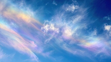 Obraz premium Wispy clouds stretch across a bright blue sky, showcasing an array of rainbow colors. The sunlight enhances the ethereal effect, creating a breathtaking view on a warm afternoon.