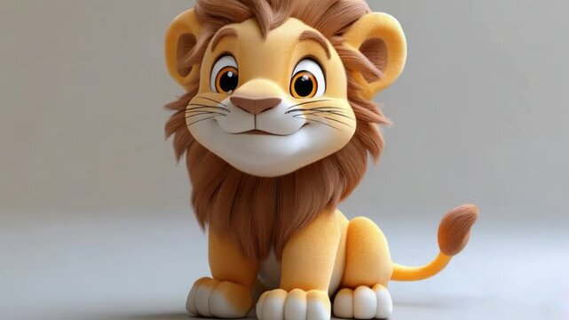 Cute lion cub with golden fur and brown mane playing with an orange wooden ball