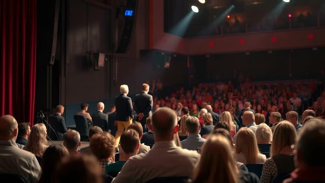 A blurred view of an audience in a theater, eagerly awaiting a captivating stage performance