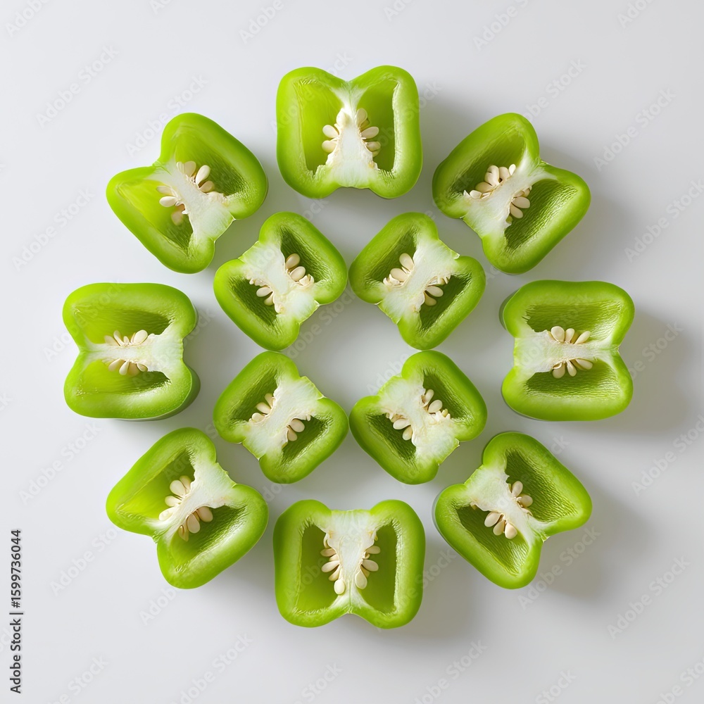 Poster fresh green bell peppers sliced and arranged in a circular pattern on a white background