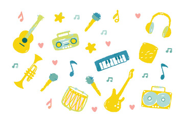 Musical Fiesta: A whimsical and colorful illustration featuring a lively array of musical instruments, evoking a sense of joy and rhythm.