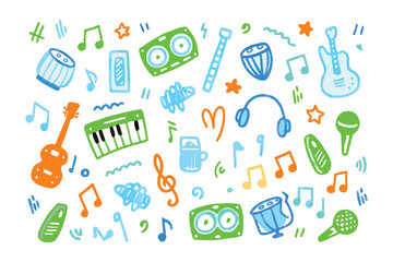 Melodic Symphony: A vibrant array of hand-drawn musical elements dances across a cheerful canvas, each note and instrument creating a harmonious visual tune.