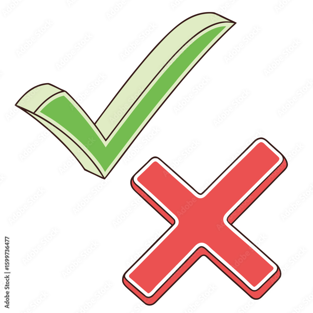 Poster green check mark and red cross symbols with 3 d effect on white background vector 1
