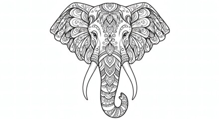 Stylized Decorative Elephant Head with Intricate Indian-Inspired Patterns and Ornaments – Symmetrical Vector Line Art, Peaceful Expression, Centered on White Background, Cultural and Elegant Design
