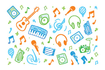 Harmonic Doodle: A playful, colorful doodle of musical instruments and notes, creating a lively and vibrant visual of audio creativity and expression.