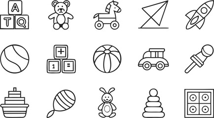 Childrens toys collection with alphabet blocks teddy bear and rocket horse
