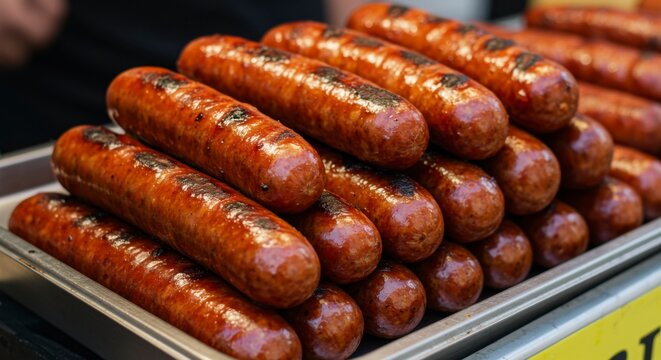 Stack of grilled sausages on a metal tray - Powered by Adobe