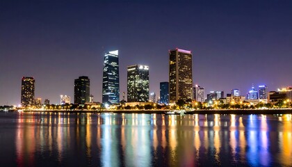 Obraz premium City skyline at night reflected in water