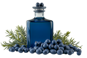 Square glass decanter filled with blue liquid stands amid fresh blueberries and juniper sprigs isolated on white or transparent png