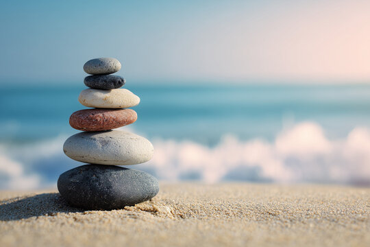 Photorealistic zen stones perfectly balanced on peaceful beach with calm ocean waves, spiritual tranquility concept, mindfulness meditation, inner peace and mental wellness visualization