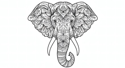 Stylized Decorative Elephant Head with Intricate Indian-Inspired Patterns and Ornaments – Symmetrical Vector Line Art, Peaceful Expression, Centered on White Background, Cultural and Elegant Design