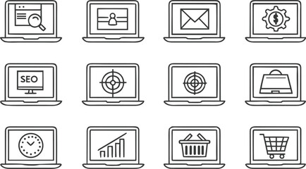 Laptop icons with business and marketing symbols vector