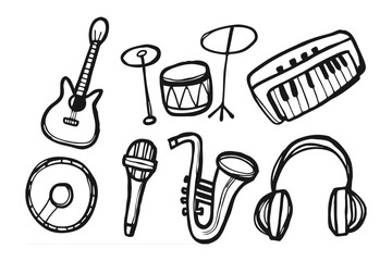 Musical Instruments Line Art: A hand-drawn illustration of a diverse array of musical instruments, including a guitar, drums, keyboard, microphone, and saxophone.