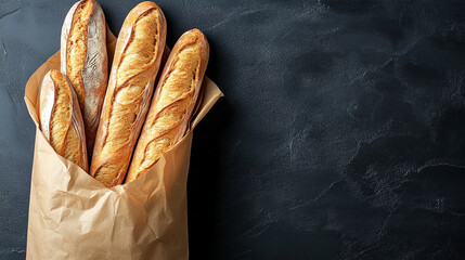 Warm fresh baguettes peek out of a rustic brown paper bag, placed against a moody dark background with empty space for text, highlighting artisanal simplicity and traditional baking charm.

