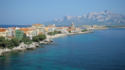 Obraz premium Coastal Townscape with Majestic Mountains