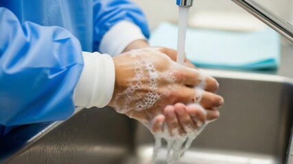 Doctor Thoroughly Washing Hands with Soap Under Running Water in Hospital Sink