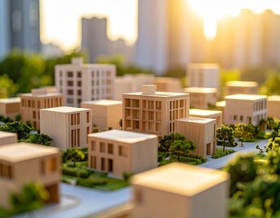 Miniature city landscape bathed in golden sunlight