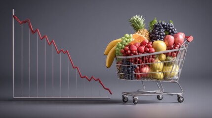 Declining market trends visualized through a shopping cart filled with fresh fruits and a downward graph