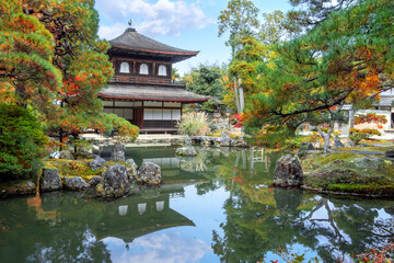 Scenic view of Ginkaku-ji temple with beautiful foliage in autumn in Kyoto, Japan