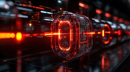 Futuristic Data Stream: Digital Code Cylinders in Red Neon Glow
