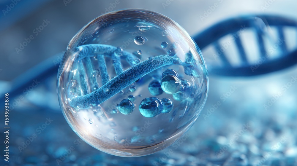 Poster a close-up view shows a water droplet containing a double helix structure representing dna. the back