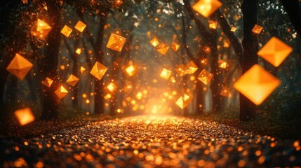 Enchanting forest path with glowing gems