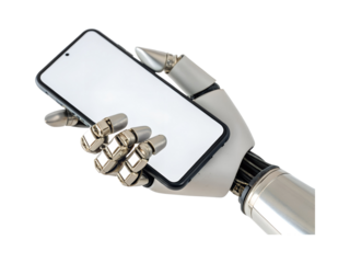 robotic hand holding a blank smartphone png image on transparent background